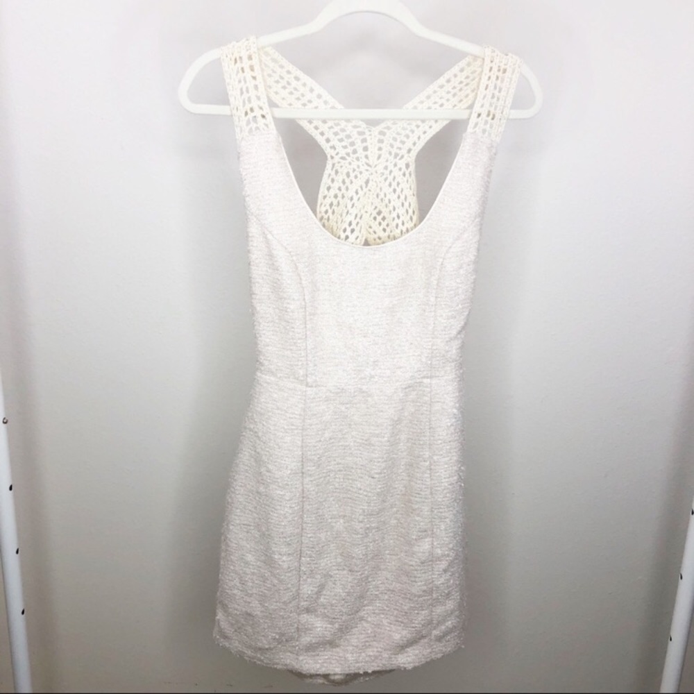 Ark & Co Crochet Plunge Back Tweed Fitted Dress